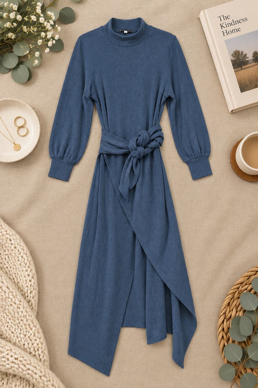 Ann Mashburn Liana Tie Dress Cashmere Blend Navy Turtleneck Midi Old Money SZ S